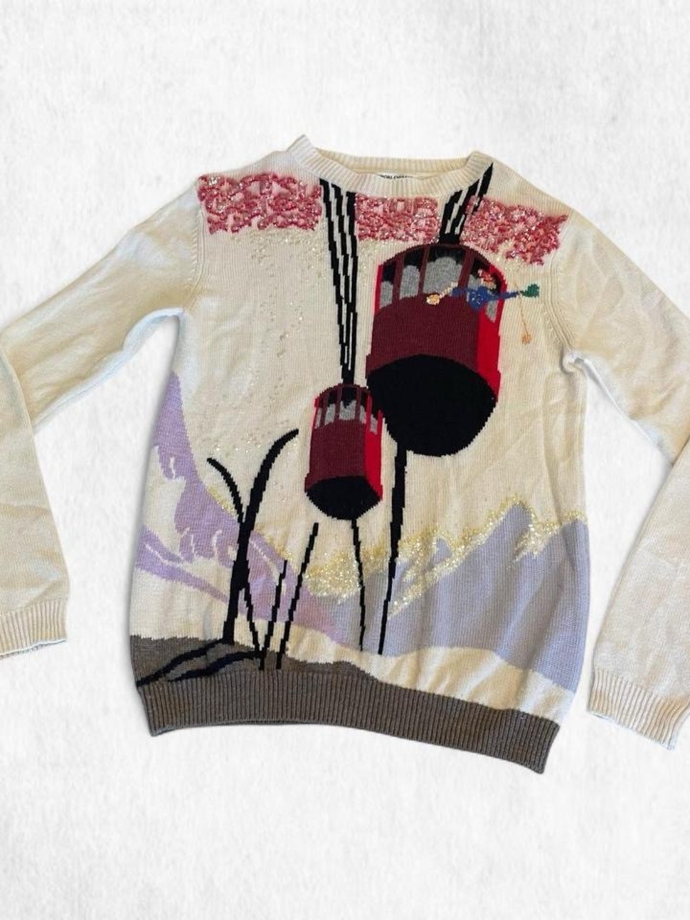 Tsumori Chisato Ivory Sweater with Red Cable Car Intarsia